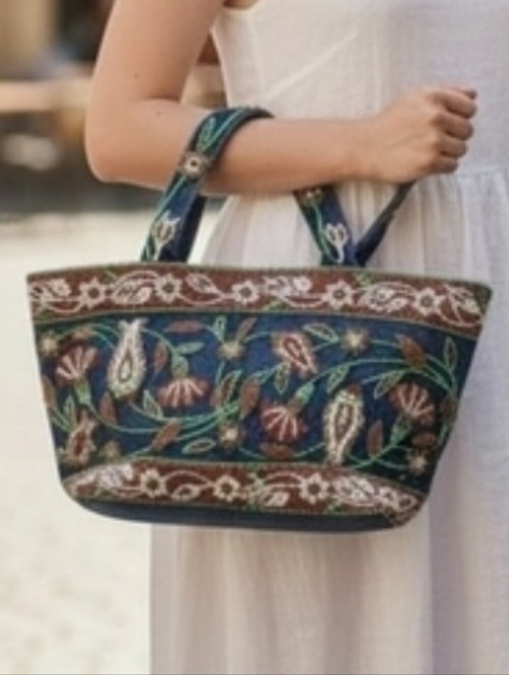 Embroidered Blue Multi Woven Satchel Tote